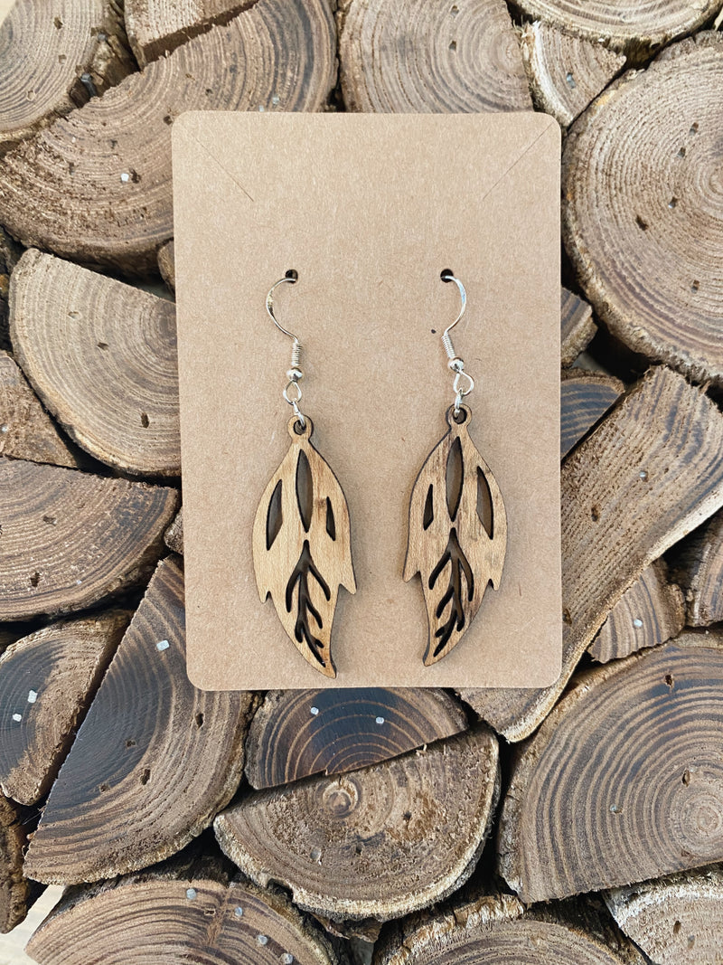 Locally Handmade Wooden Earrings - Feather Leaf